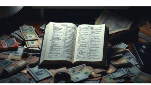 Een rommelig bureau met een open financieel woordenboek en buitenlandse valuta.