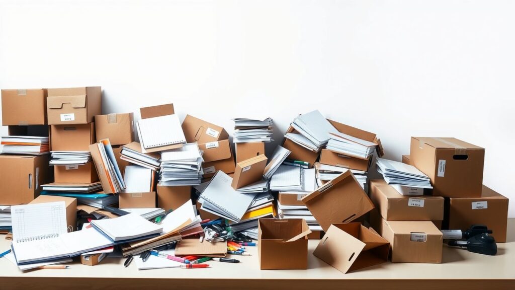 Een rommelig kantoorbureau met diverse inventarisitems.