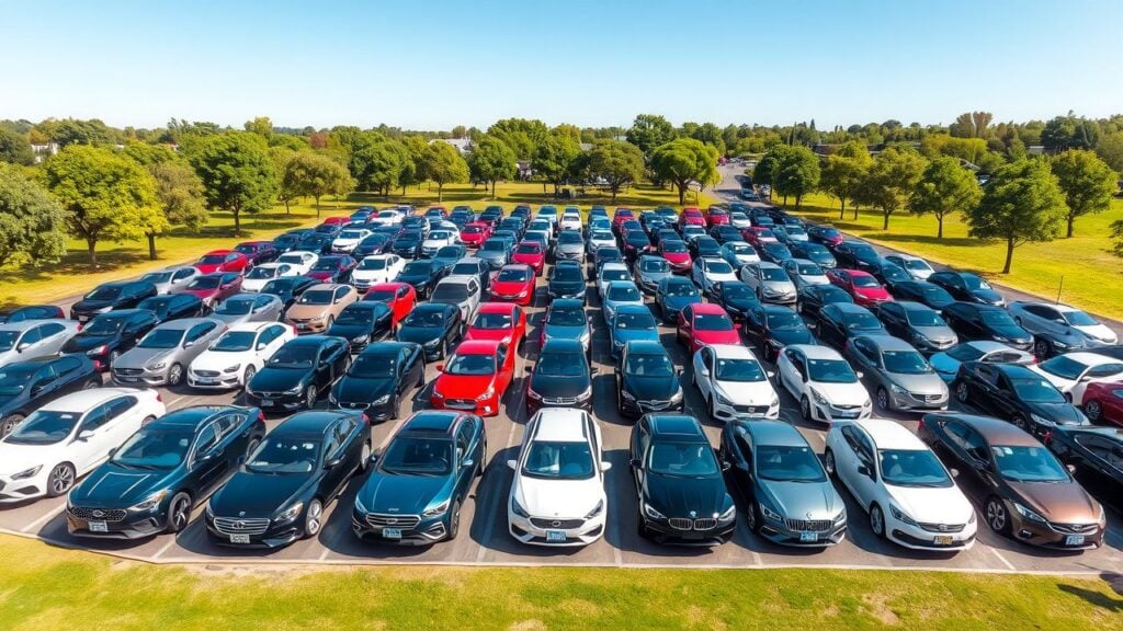 Een grote buitenparkeerplaats gevuld met verschillende auto's in verschillende kleuren en modellen.