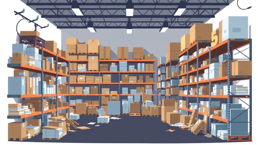 Een rommelig magazijn met consignatievoorraden illustreert het belang van efficiënt voorraadbeheer.