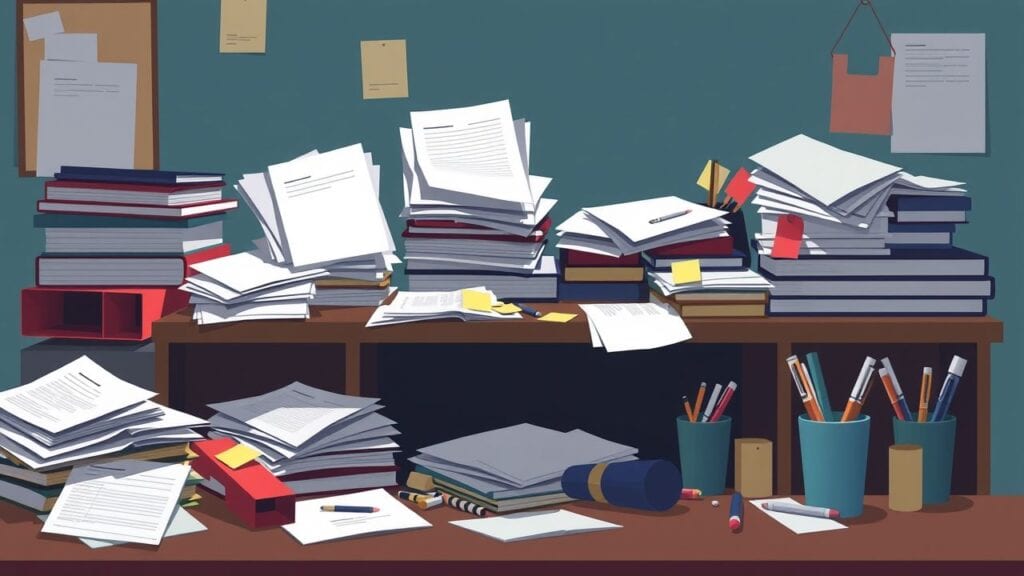 Een rommelig bureau met verschillende kantoorbenodigdheden en papieren.