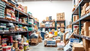 Een rommelig magazijn met opgestapelde producten in verschillende soorten.