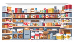 Een rommelige restaurant voorraadkast in platte designstijl.