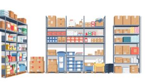 Een georganiseerde opslagruimte met inventaris en barcode scanners.