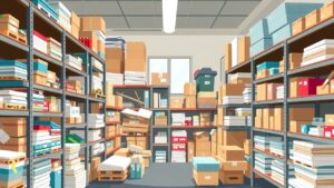 Een rommelige opslagruimte illustreert het belang van efficiënt voorraadbeheer.