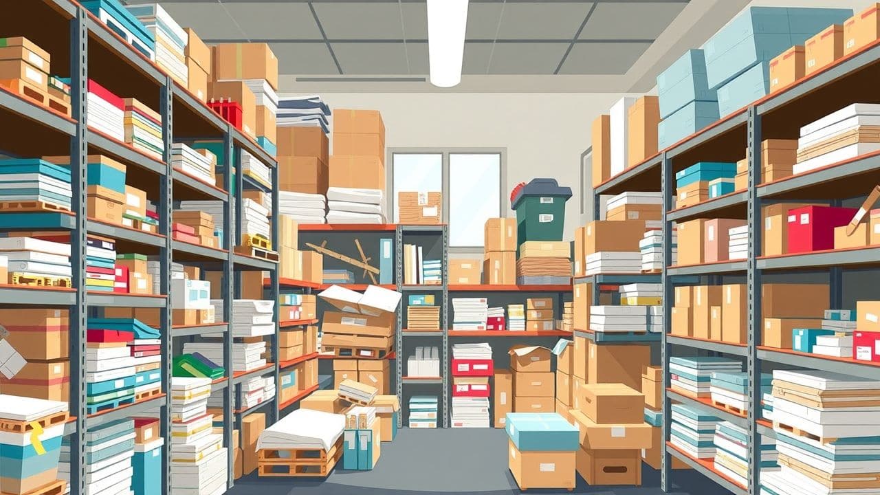 Een rommelige opslagruimte illustreert het belang van efficiënt voorraadbeheer.