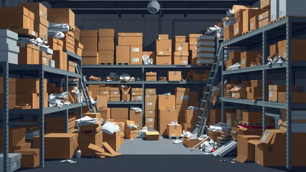 Een rommelige opslagruimte in een warehouse met overvolle planken.