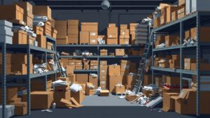 Een rommelige opslagruimte in een warehouse met overvolle planken.