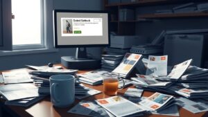 Een rommelig bureau met productcatalogi en een lege koffiekop.