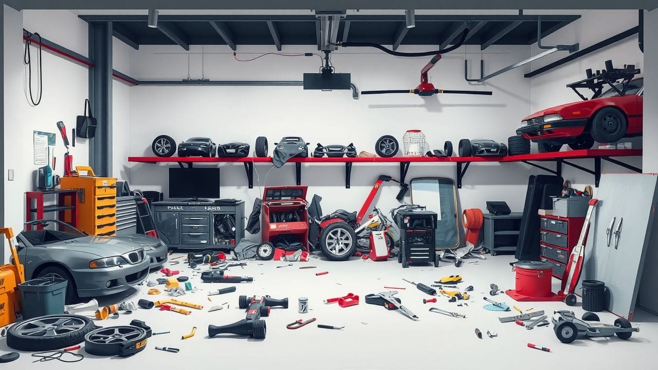 Een rommelige garage vol auto-onderdelen en gereedschap.