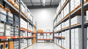 Een goed georganiseerd magazijn met netjes gestapelde technische items.