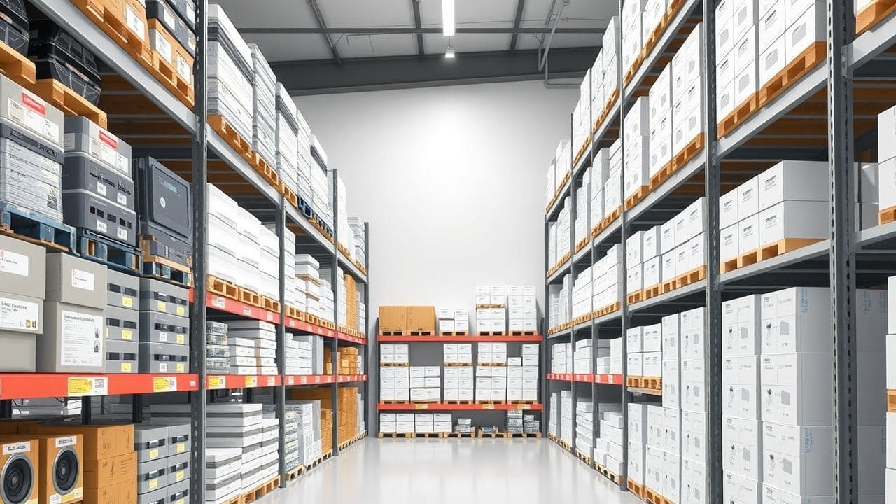 Een goed georganiseerd magazijn met netjes gestapelde technische items.