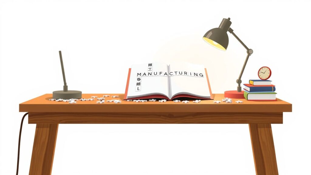 Een rommelig bureau met puzzelstukjes en een open kruiswoordpuzzelboek.