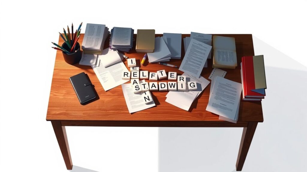 Een rommelig bureau met woordpuzzels en boeken.