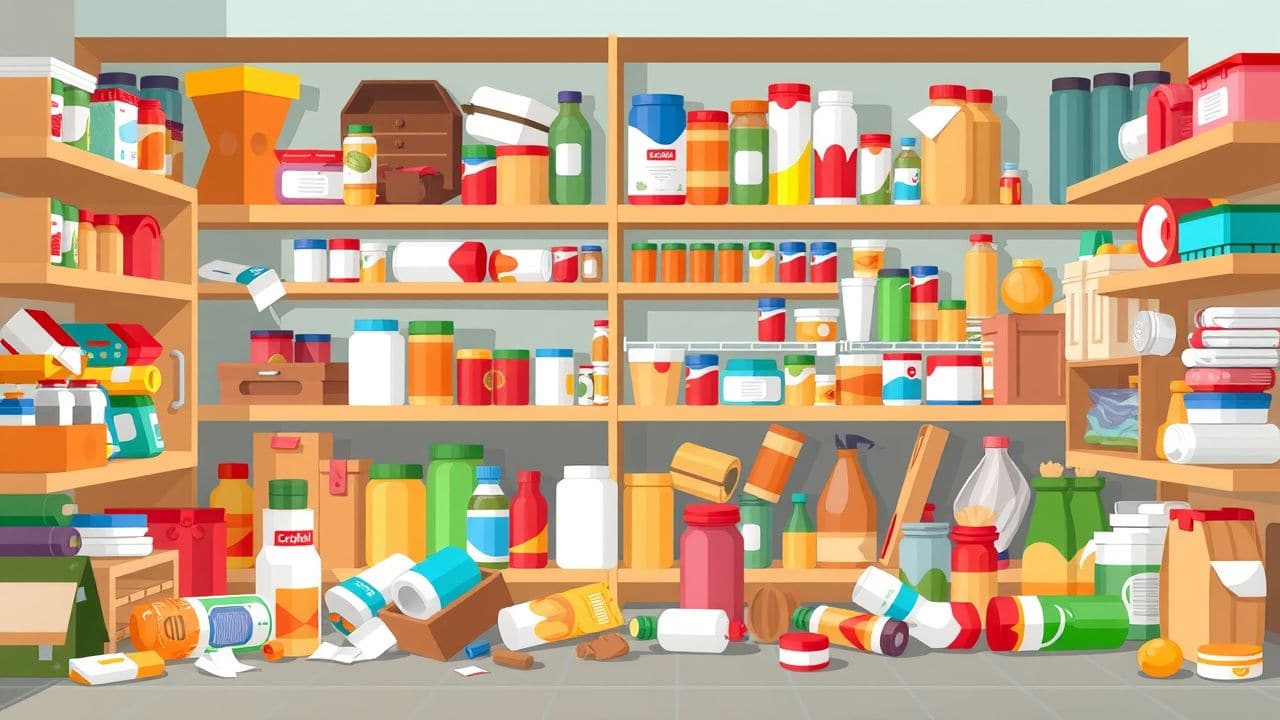 Een rommelige keukenkast met vallende spullen en chaos.