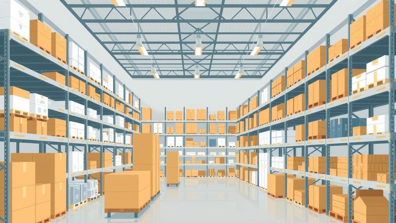 Een goed georganiseerd magazijn met efficiënte lay-out en ordelijk geplaatste producten.