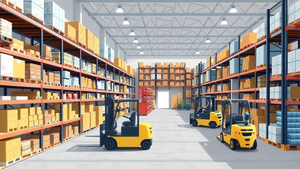 Een georganiseerd magazijn met efficiënt voorraadbeheer en actieve heftrucks.