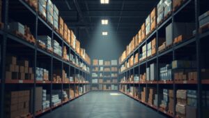 Een goed georganiseerd magazijn met verschillende producten op planken.