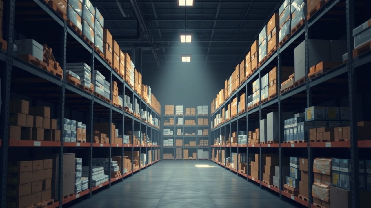 Een goed georganiseerd magazijn met verschillende producten op planken.