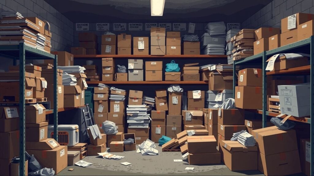 Een rommelige opslagruimte met stapels dozen en gebrek aan organisatie.