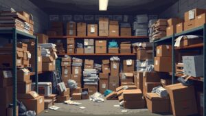 Een rommelige opslagruimte met stapels dozen en gebrek aan organisatie.