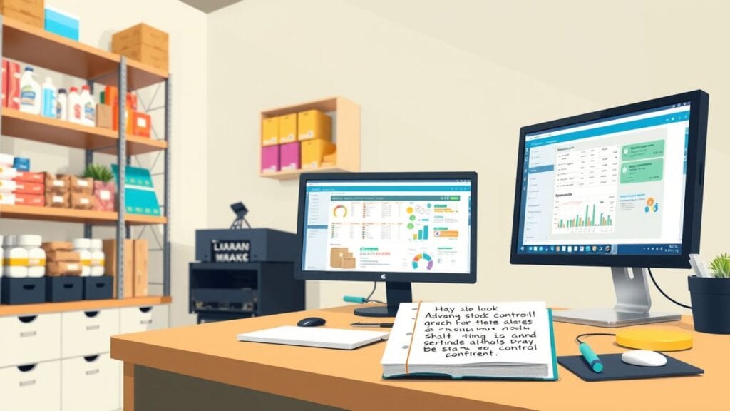 Een opgeruimde werkruimte met schappen, computer en voorraadbeheer.