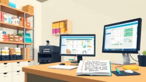Een opgeruimde werkruimte met schappen, computer en voorraadbeheer.