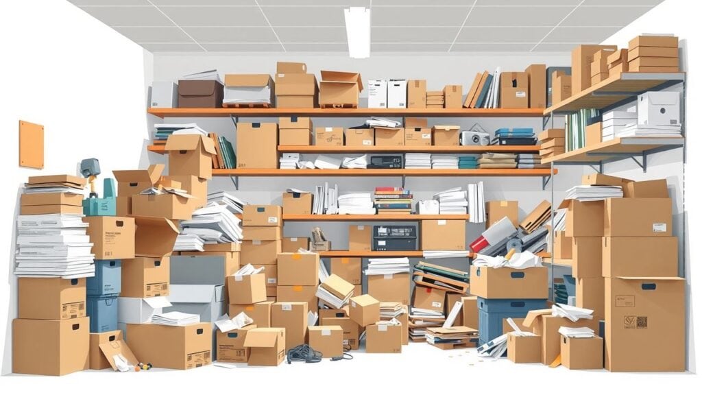 Een rommelige opslagkamer met stapels dozen en ongeorganiseerde planken.