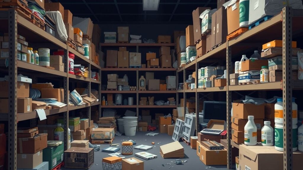 Een rommelig en verwaarloosd magazijn met diverse producten op de planken.