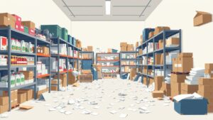 Een rommelig magazijn met gevulde planken en verspreide papieren.