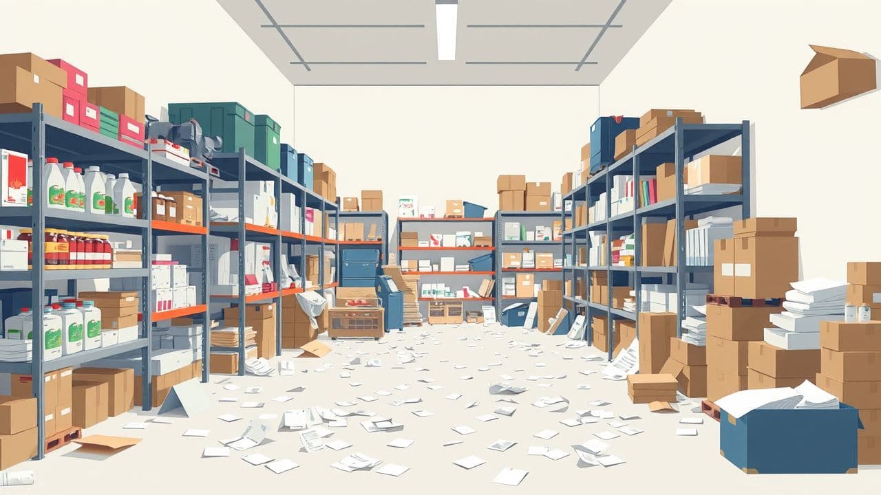 Een rommelig magazijn met gevulde planken en verspreide papieren.