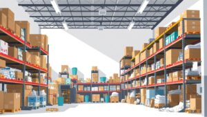 Een rommelig magazijn met ongeorganiseerde voorraad op planken.