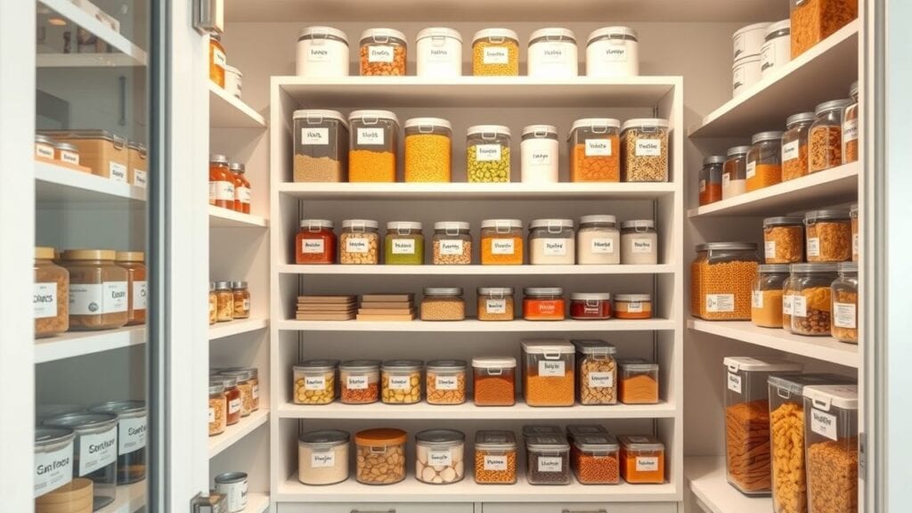 Een opgeruimde voorraadkast met georganiseerde, gelabelde containers in een Nederlands huishouden.
