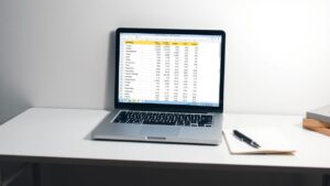 Een georganiseerd bureau met laptop, notitieboek en pen.