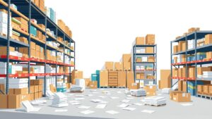 Een rommelig magazijn met overvolle schappen en verspreide voorraadlijsten.