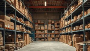 Een rommelig magazijn met slechte voorraadbeheer en opslagruimteoptimalisatie.