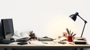 Een rommelig kantoorbureau met verspreide items en papieren.