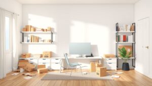 Een lege thuiskantoor met online winkel en computer op bureau.