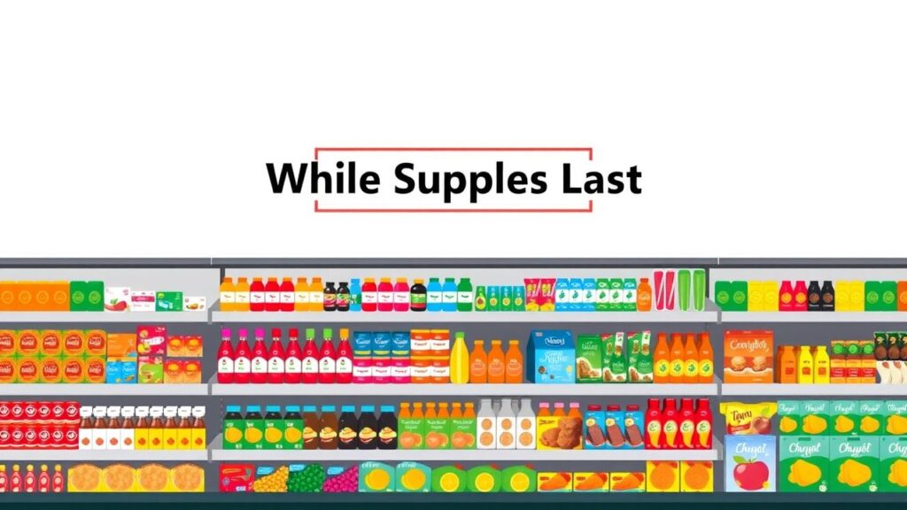 De afbeelding toont een levendige supermarktplank met beperkte voorraad.