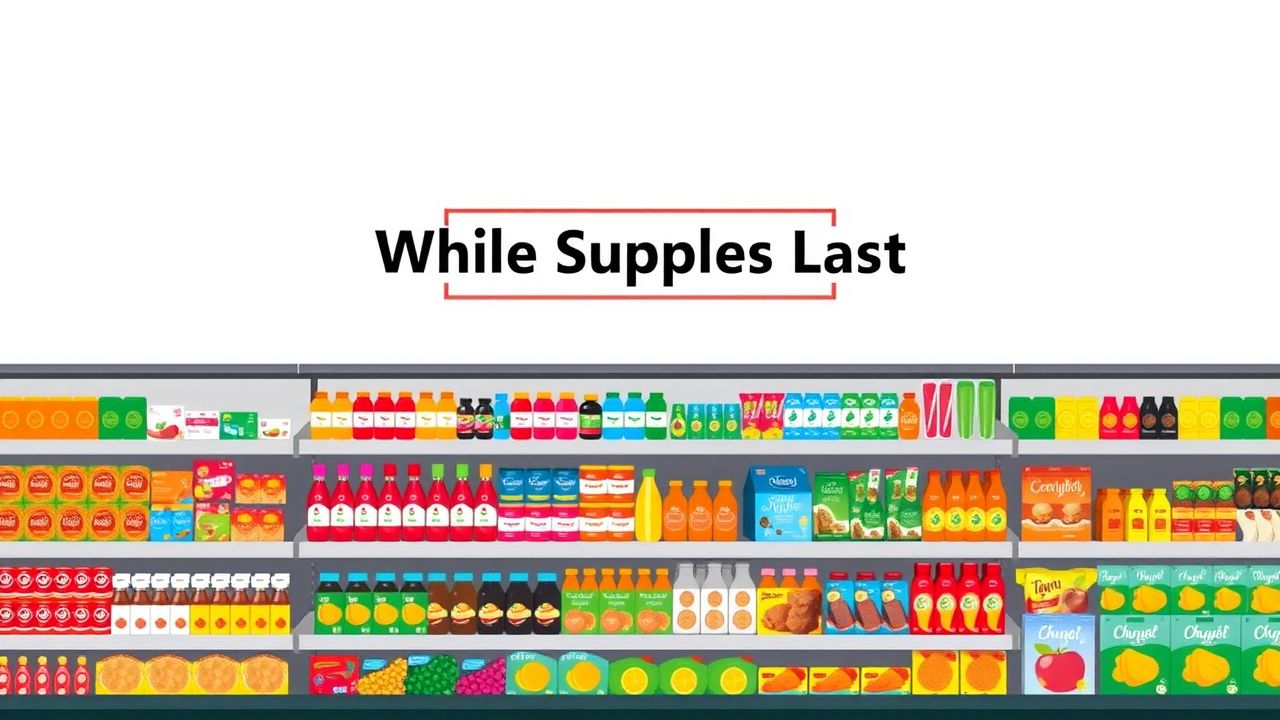 De afbeelding toont een levendige supermarktplank met beperkte voorraad.