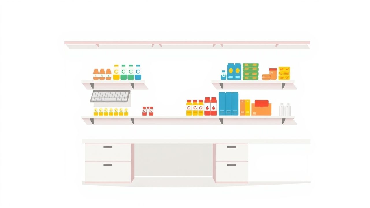 Een opgeruimde werkplek met producten op planken, sommige gelabeld A, B of C.