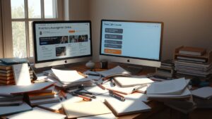 Een rommelig bureau met online cursus opties voor voorraadbeheer.