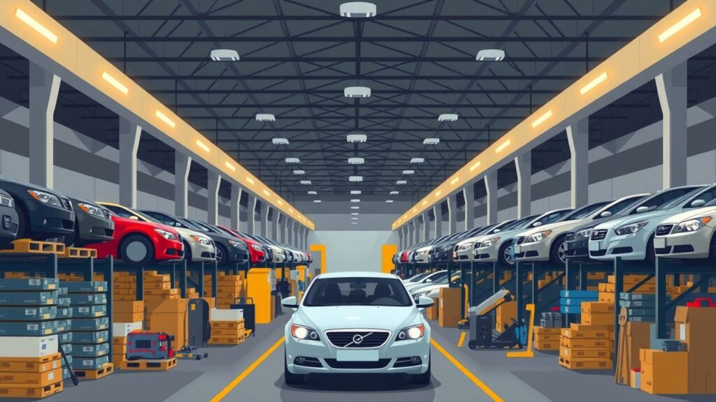 Een georganiseerd maar chaotisch autobedrijf met auto's en reserveonderdelen.