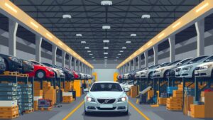 Een georganiseerd maar chaotisch autobedrijf met auto's en reserveonderdelen.