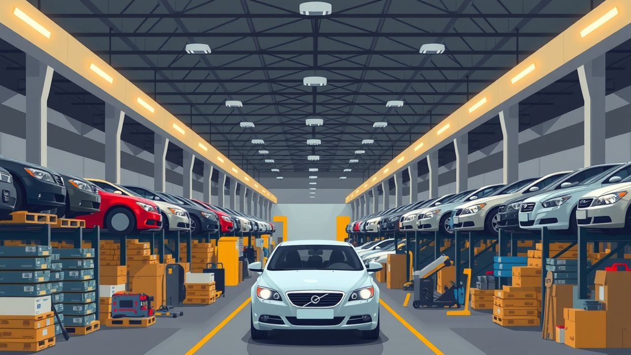 Een georganiseerd maar chaotisch autobedrijf met auto's en reserveonderdelen.