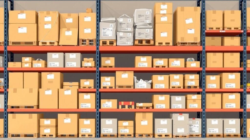 Een georganiseerde magazijnplank met gelabelde dozen en producten.