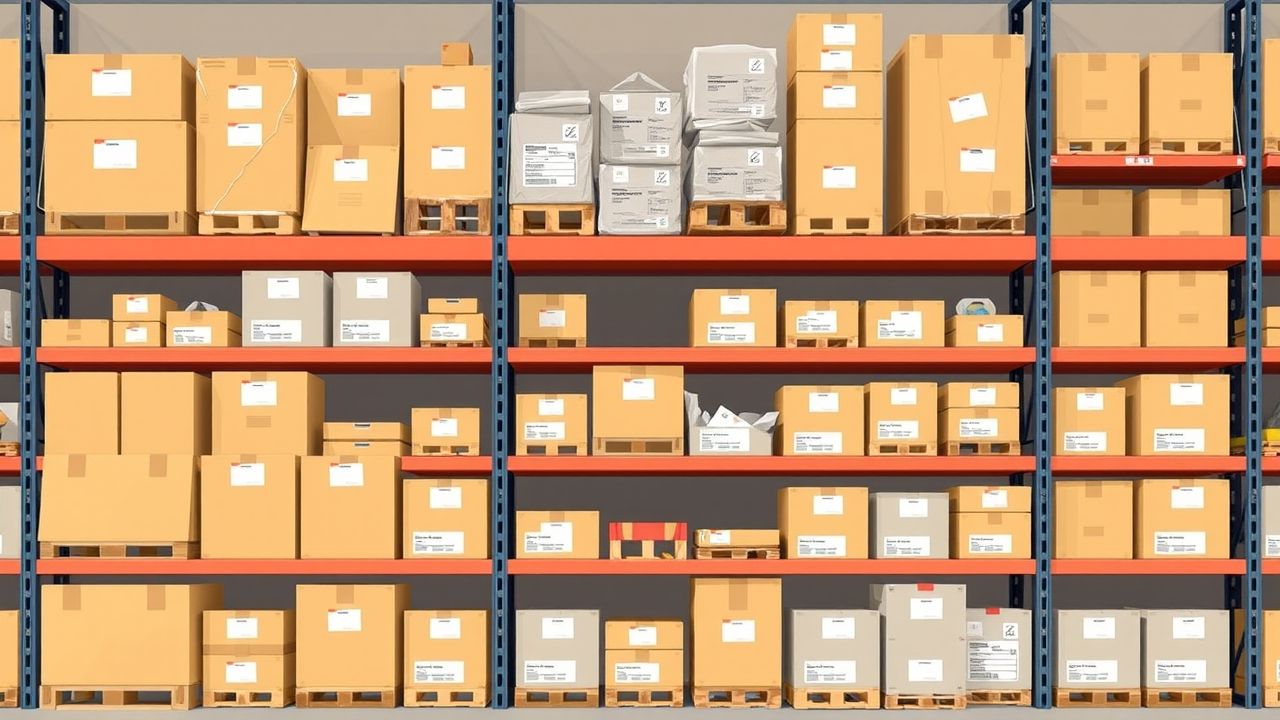 Een georganiseerde magazijnplank met gelabelde dozen en producten.