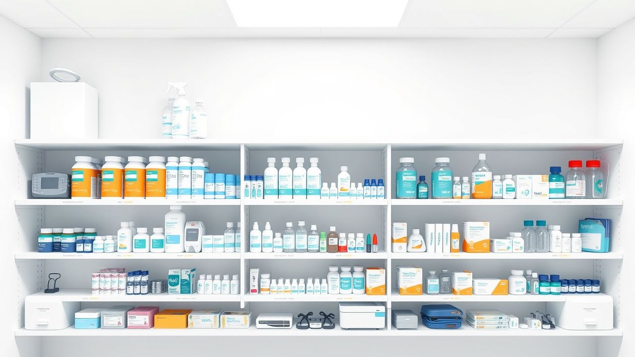 Een georganiseerd dokterskantoor met medische benodigdheden op geëtiketteerde planken.