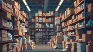 Een rommelig magazijn met stapels dozen en overvolle planken.