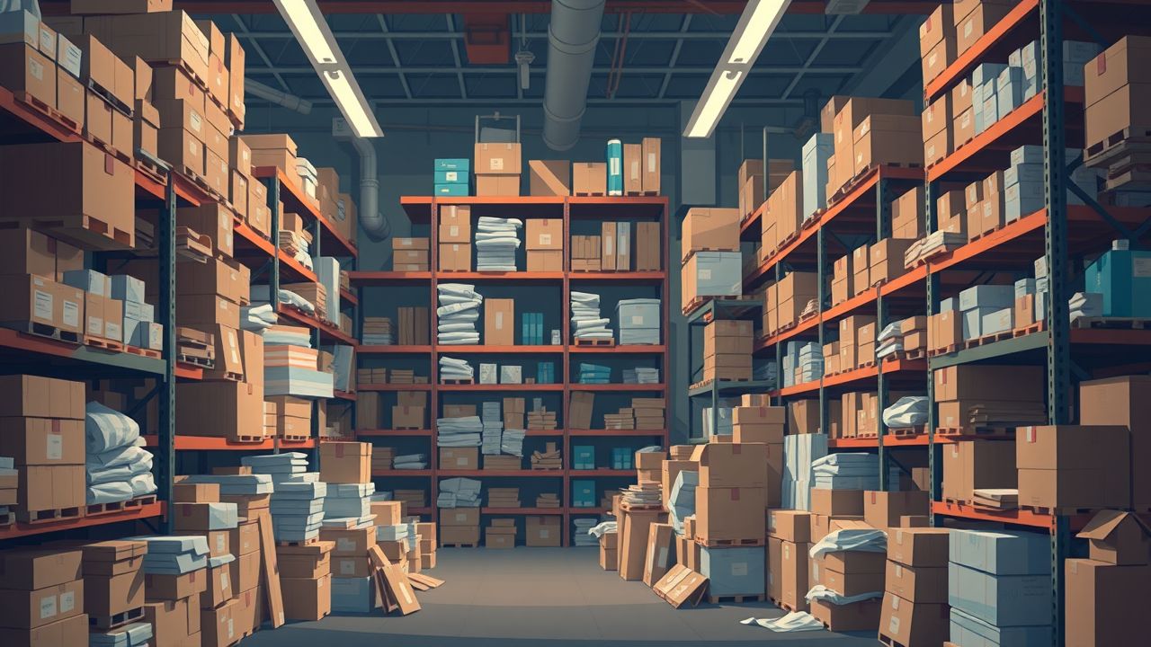 Een rommelig magazijn met stapels dozen en overvolle planken.